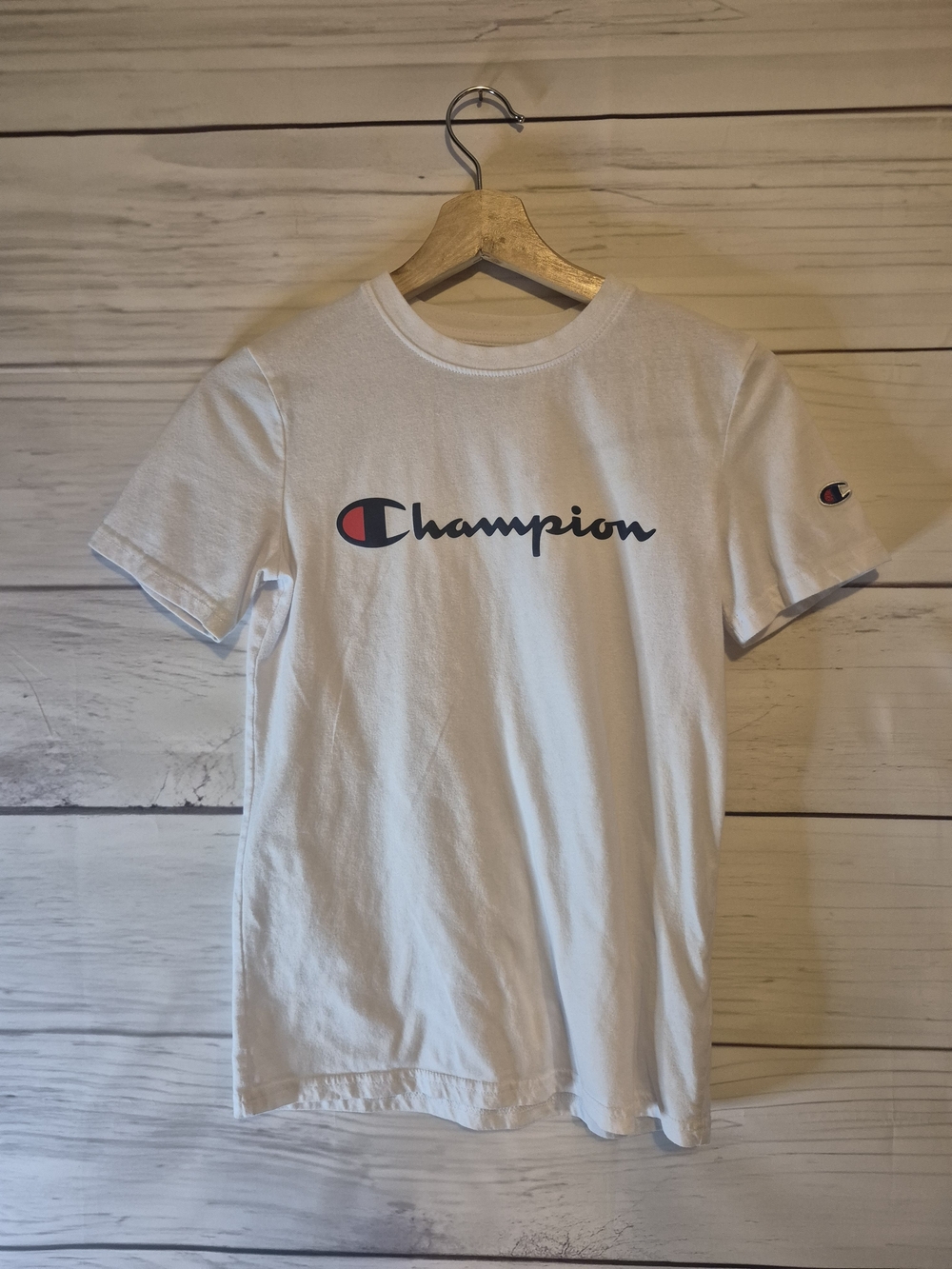 Champion White Tee with Navy Script and Red Accent